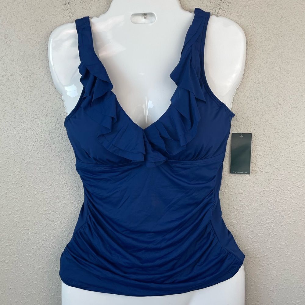 NWT Lauren Ralph Lauren Blue Ruffled Tankini Top Sizes 8 or 10